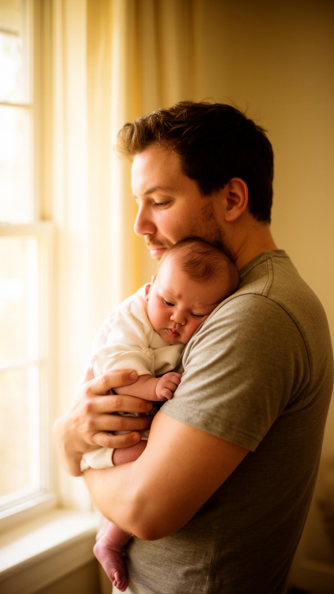 A father holding his infant in warm light